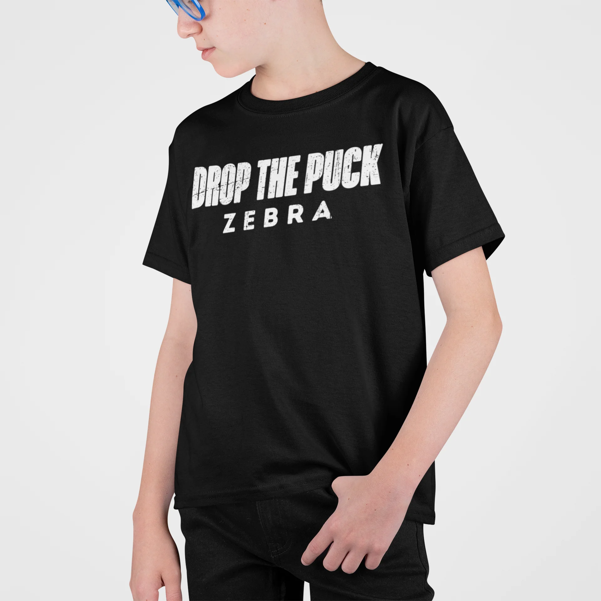 Funny Kids Hockey T-Shirt - Drop The Puck Zebra Kids Hockey Shirt - Image 2